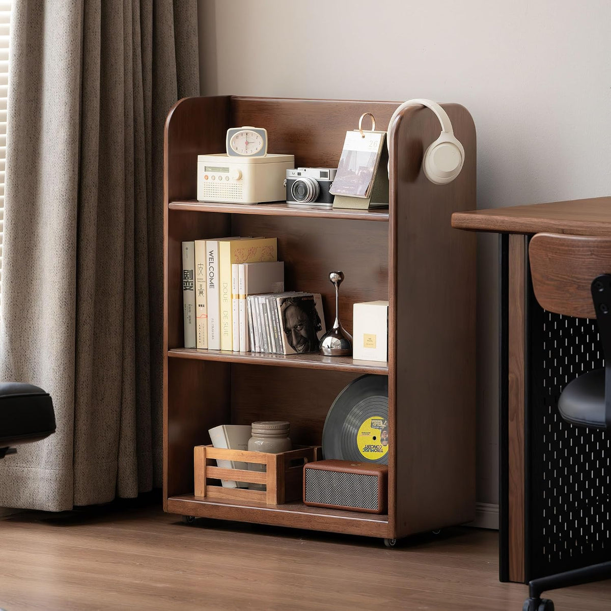Rubberwood Solid Wood Rolling Bookcase with Wheels, Walnut