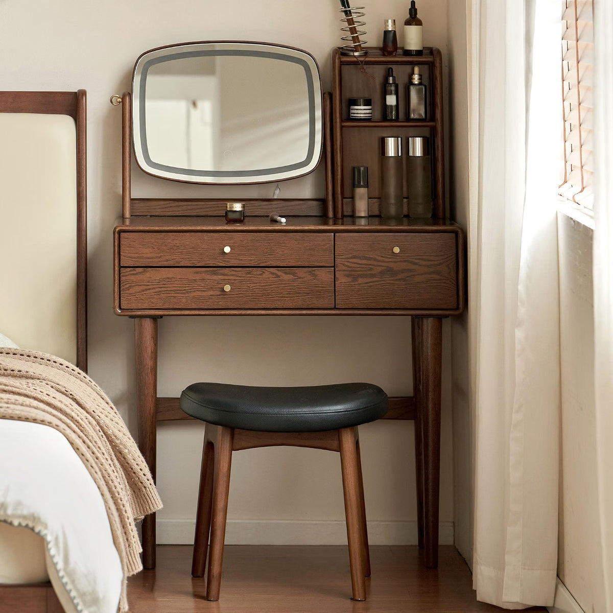 Oak Solid Wood Vanity Desk with LED Mirror and Open Storage Tower