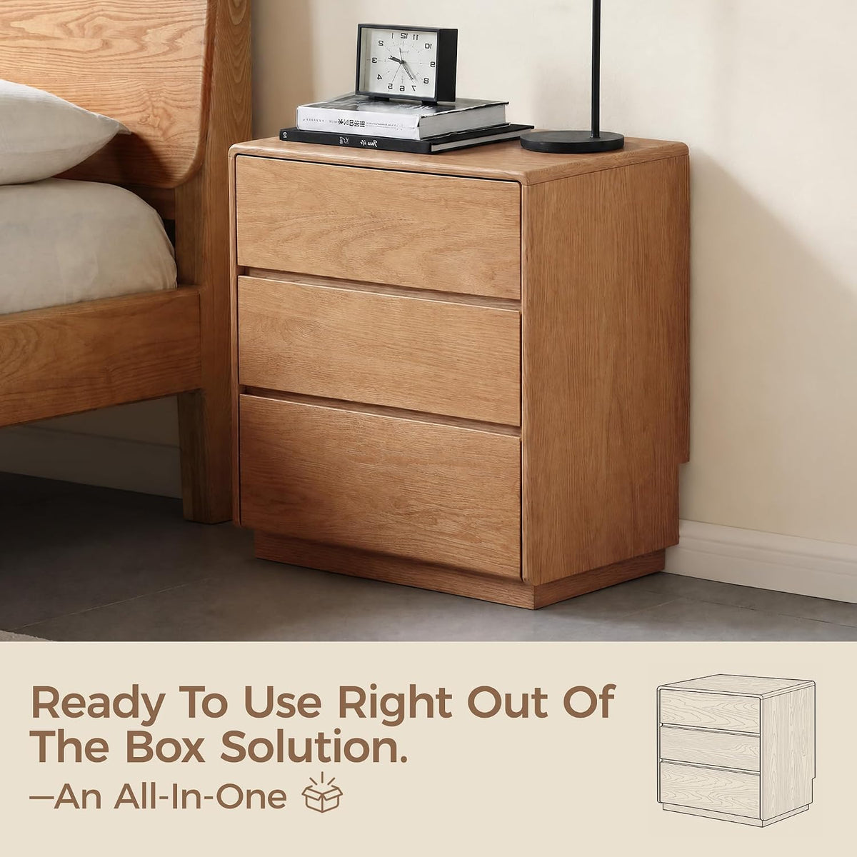 Solid Oak, Rubberwood, Wood Compact 3-Drawer Chest with Small Footprint