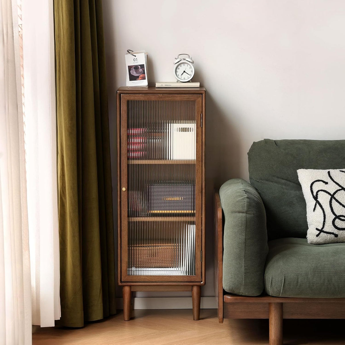 Solid Rubberwood Narrow Storage Cabinet with Fluted Glass Door and Adjustable Shelves