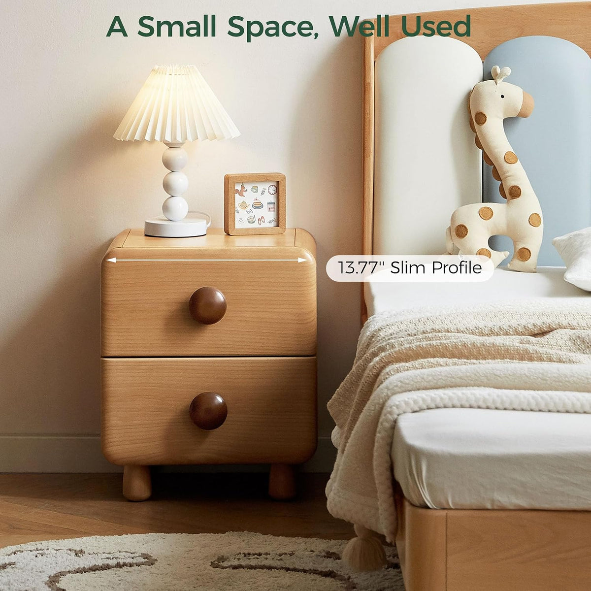 Beech Solid Wood Kids Two-Drawer Nightstand with Round Knob Pulls and Rounded Edges