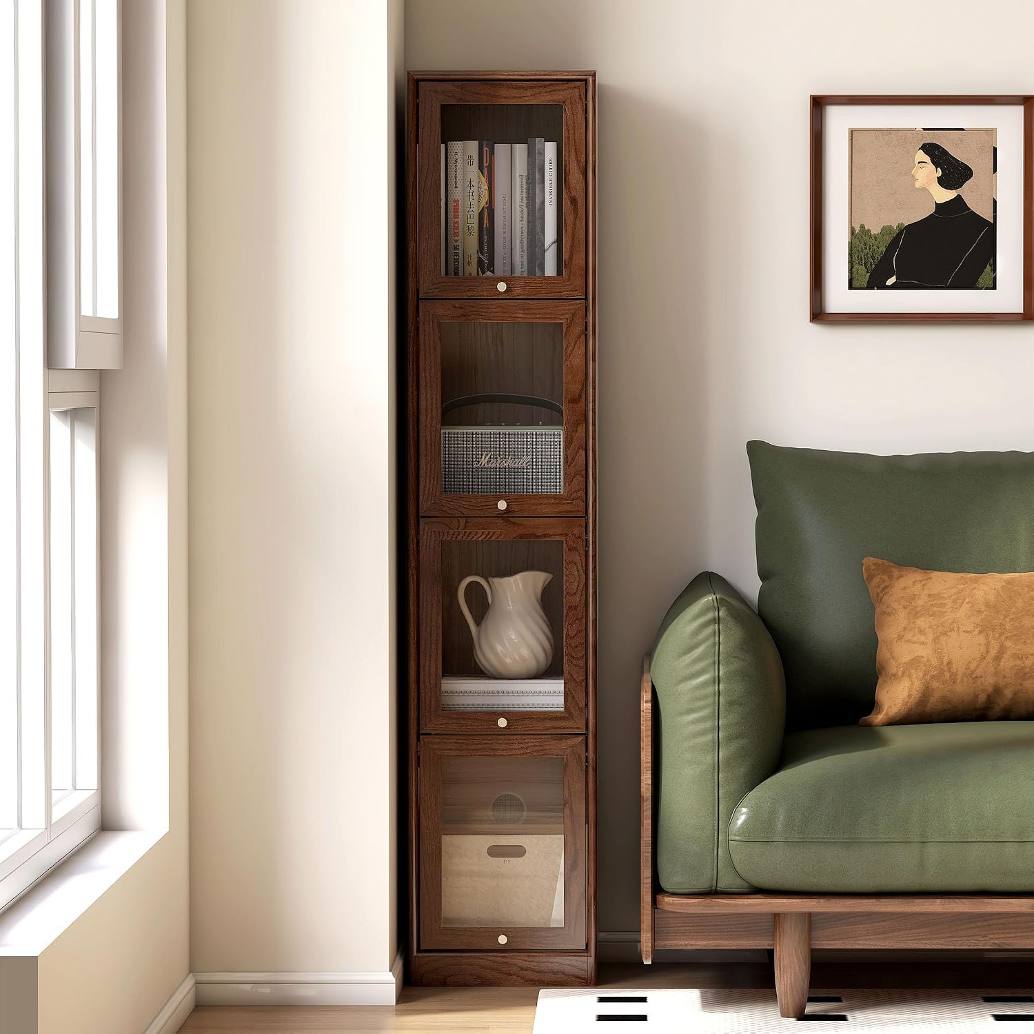 Oak Solid Wood Narrow Glass Door Display Cabinet with Slim Storage Tower