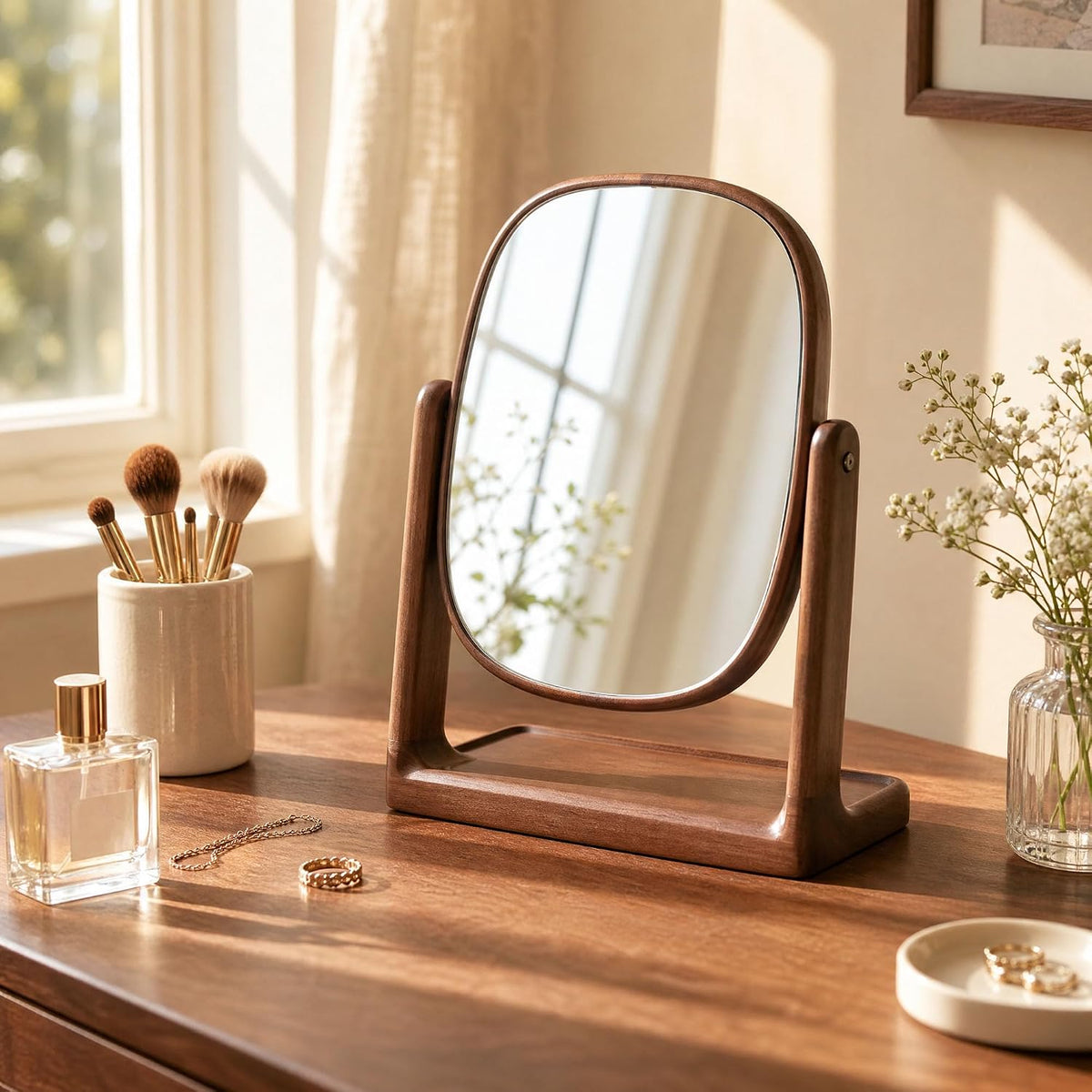 Black Walnut Solid Wood Vanity Makeup Mirror Tabletop