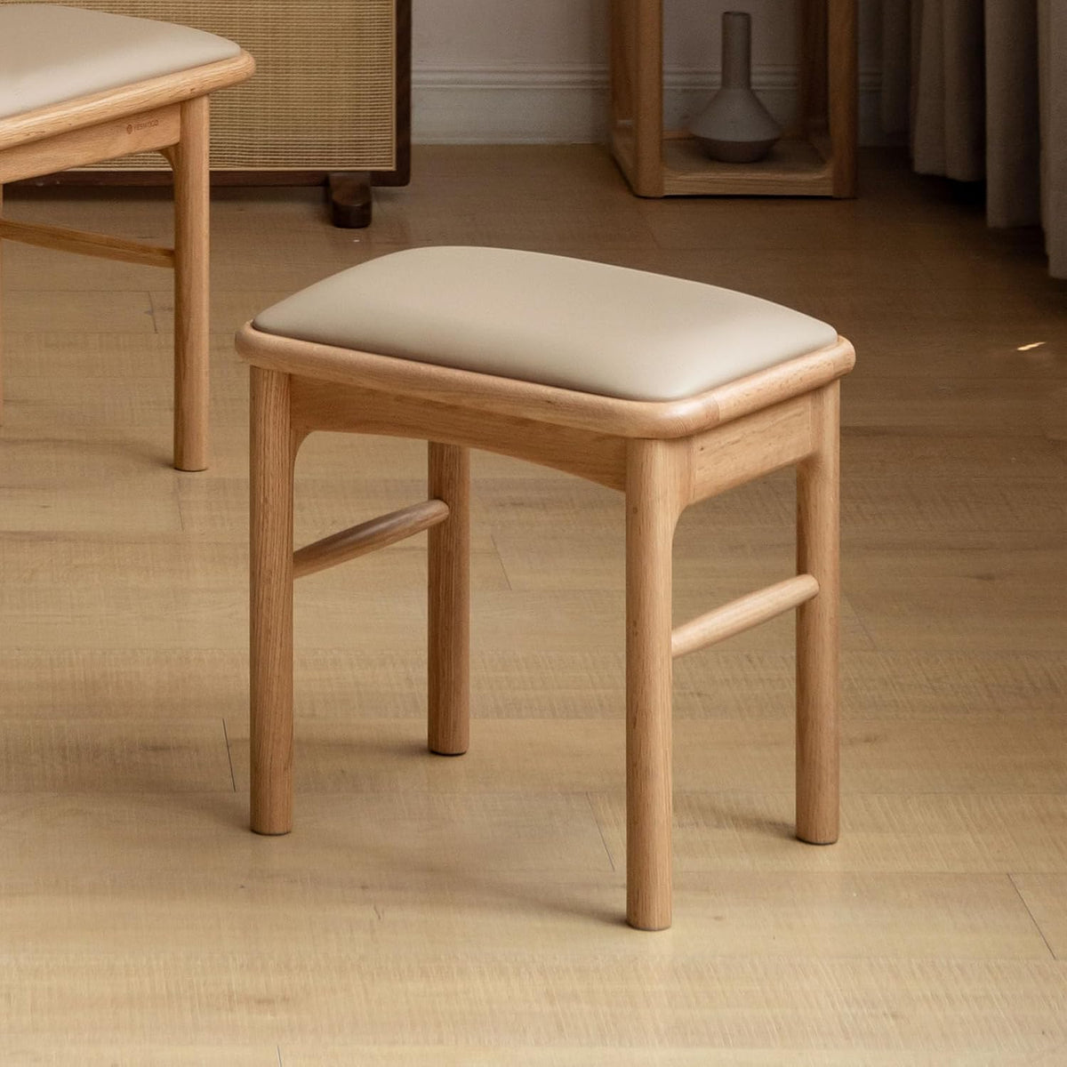 Oak Solid Wood Upholstered Entryway Bench with Matching Stool