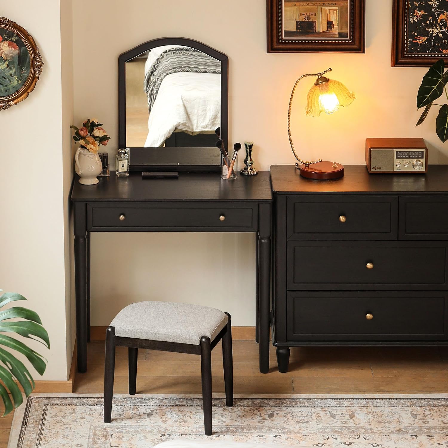 Oak Solid Wood Vanity Table Set with Arched Mirror