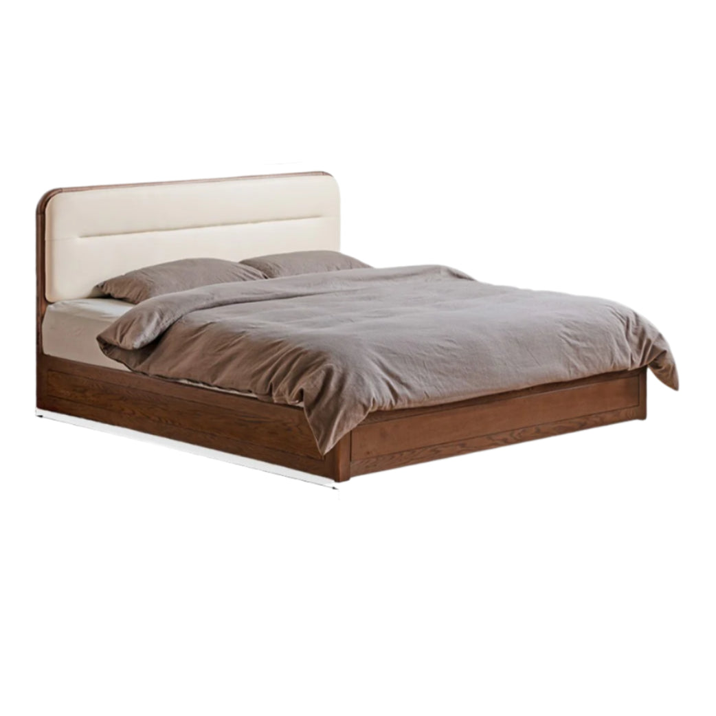 Oak Solid Wood Modern Genuine Leather, Organic Leather Storage Bed