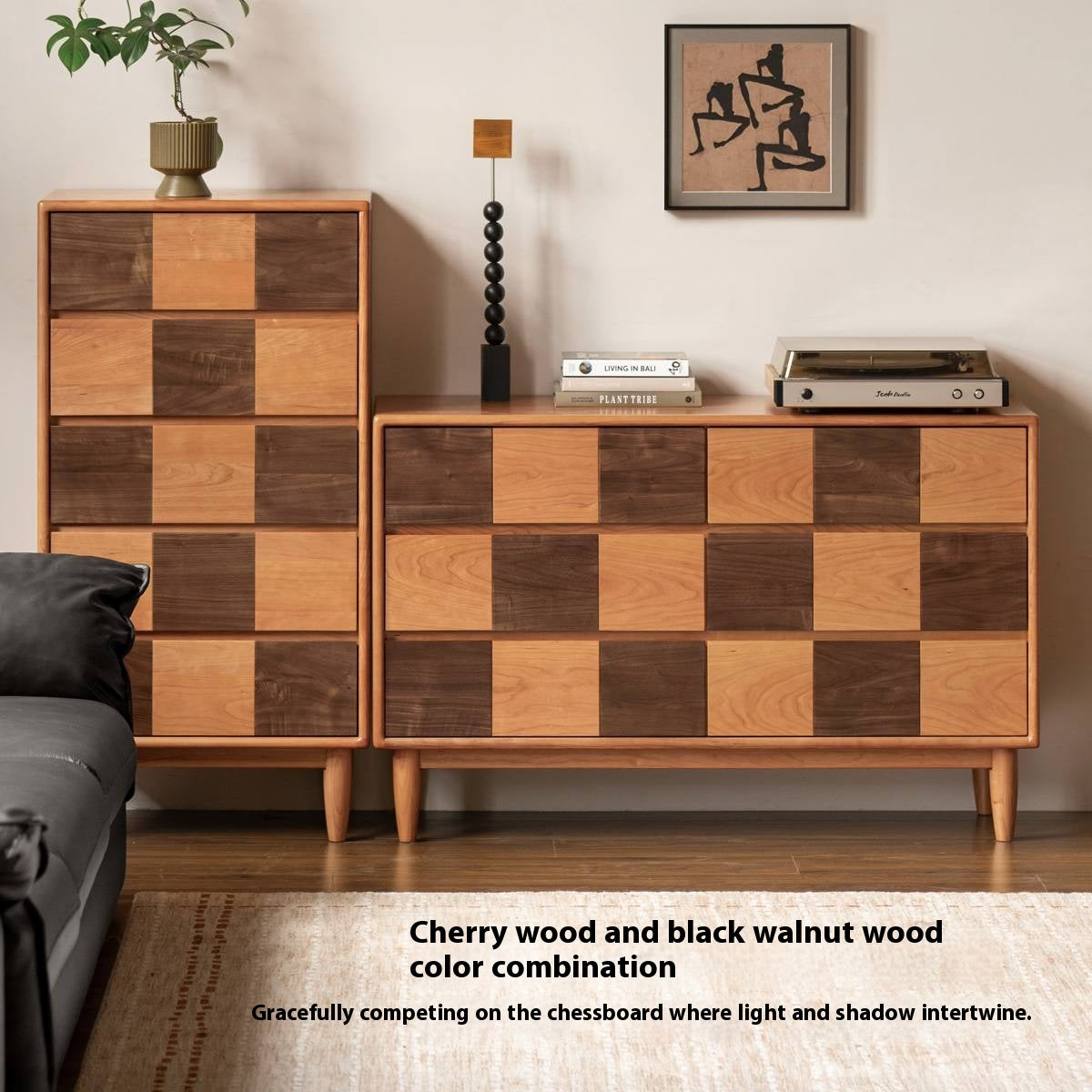 Cherry Solid Wood Retro Chest of Drawers Checkerboard