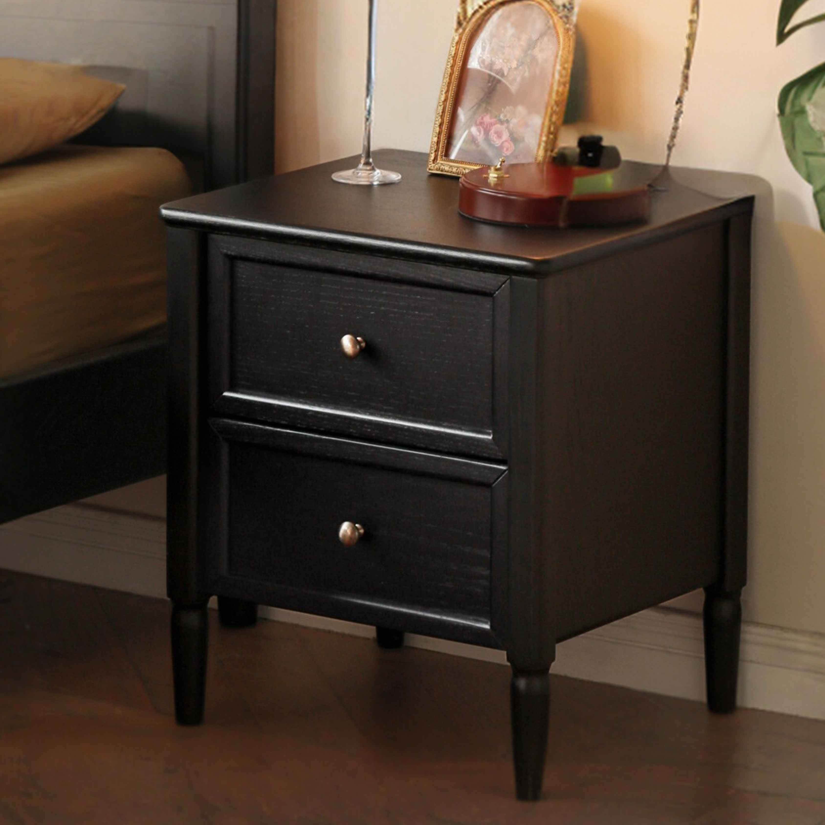 Oak Black Solid Wood Nightstand