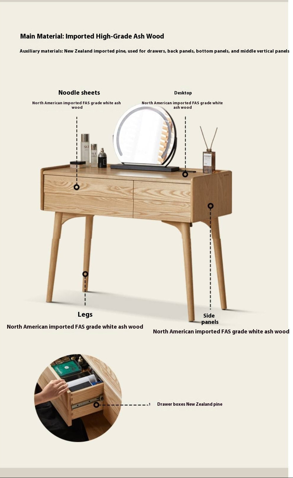 Ash Solid Wood Modern Vanity Table.