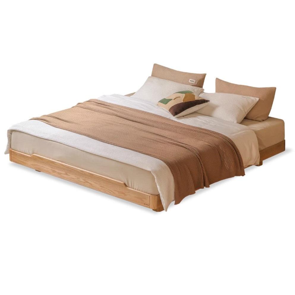 Oak Solid wood modern platform bed, headboard-free suspended bed with light