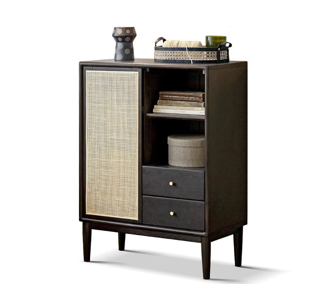 Oak Solid Wood rattan black Side Cabinet -