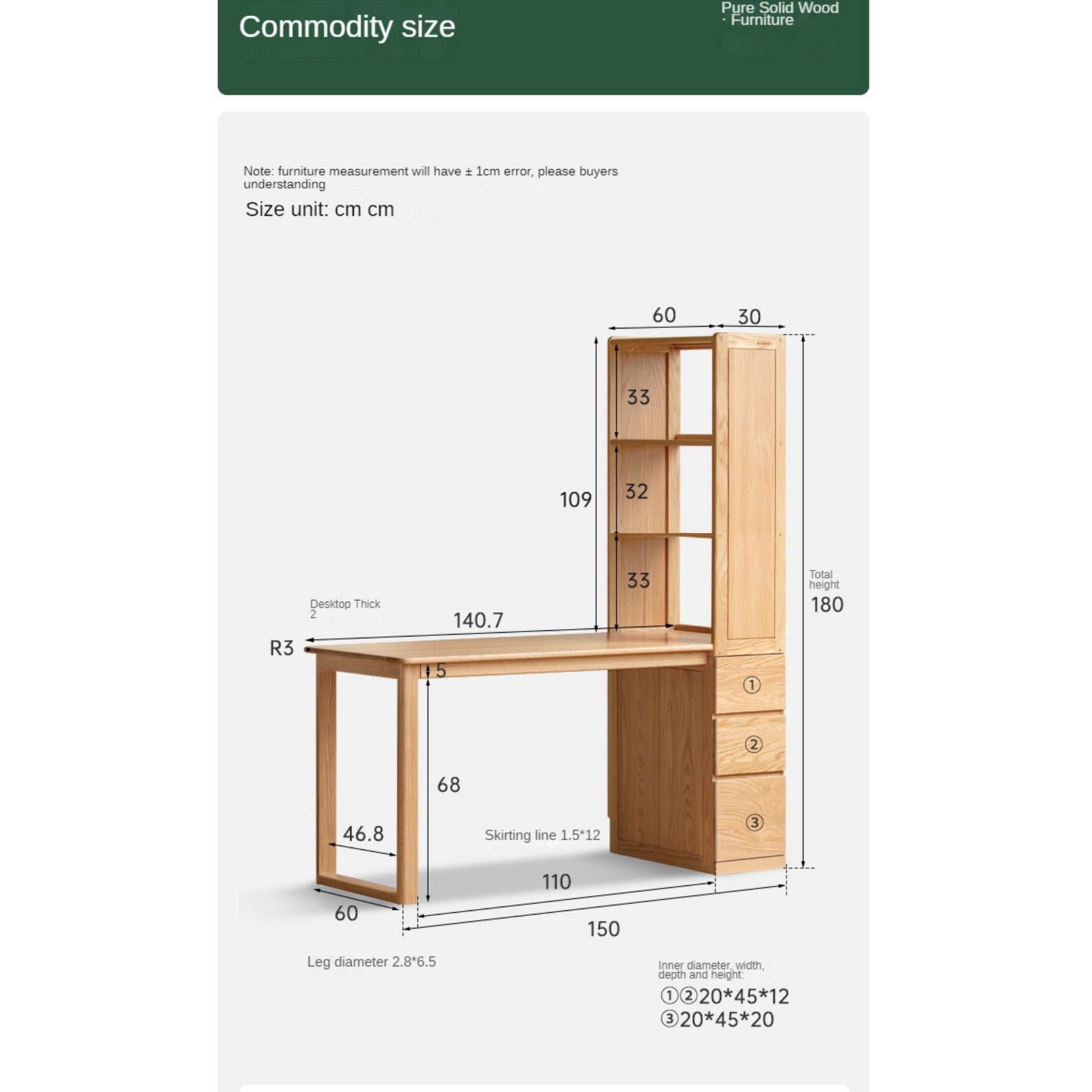 Oak Solid Wood Desk with Bookshelf and Drawer-