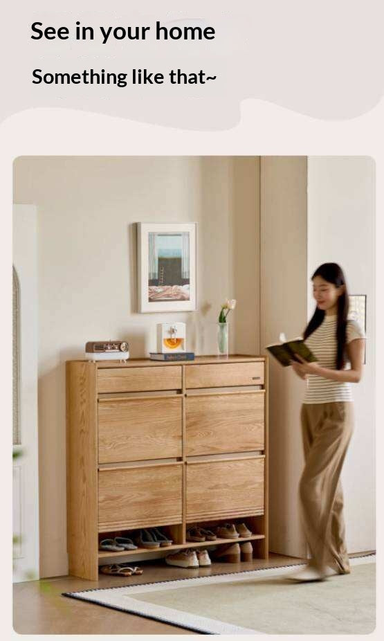 Oak Solid Wood Slim Entryway Shoe Cabinet with Tilt-Out Compartments and Drawers