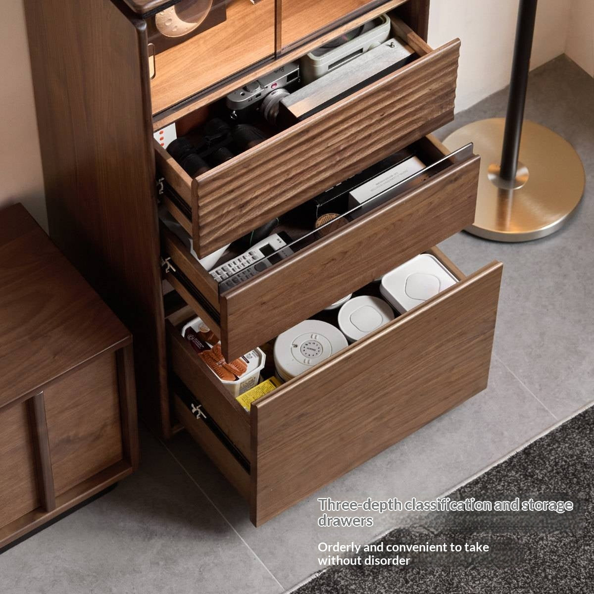 Black Walnut, Ash, Oak Solid Wood Tall Side Cabinet with Louvered Sliding Door and LED Lighting