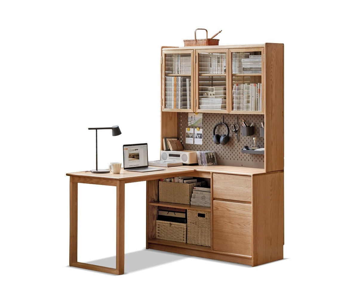 Oak Solid Wood Desk Bookcase Integrated Corner office Table"