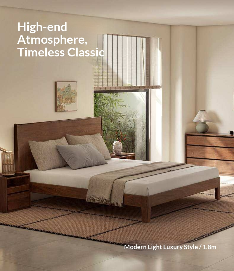 Black Walnut Solid Wood Bed with Sleek Light Luxury Finish