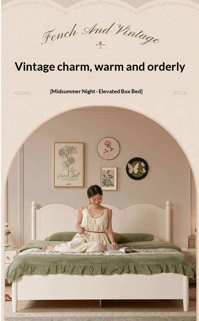 Rubberwood Solid Wood Bed with White Cream Style Large Box Frame