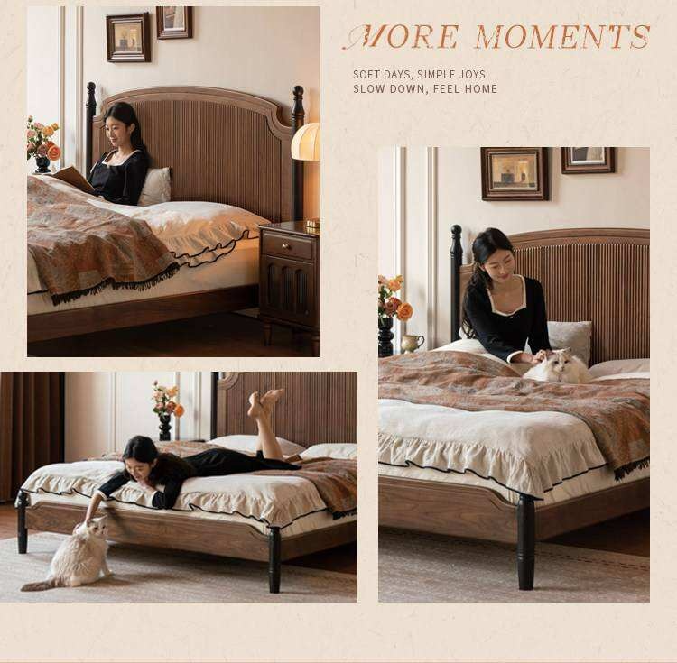 Black Walnut Solid Wood Bed with Reeded Arched Headboard and Turned Corner Posts
