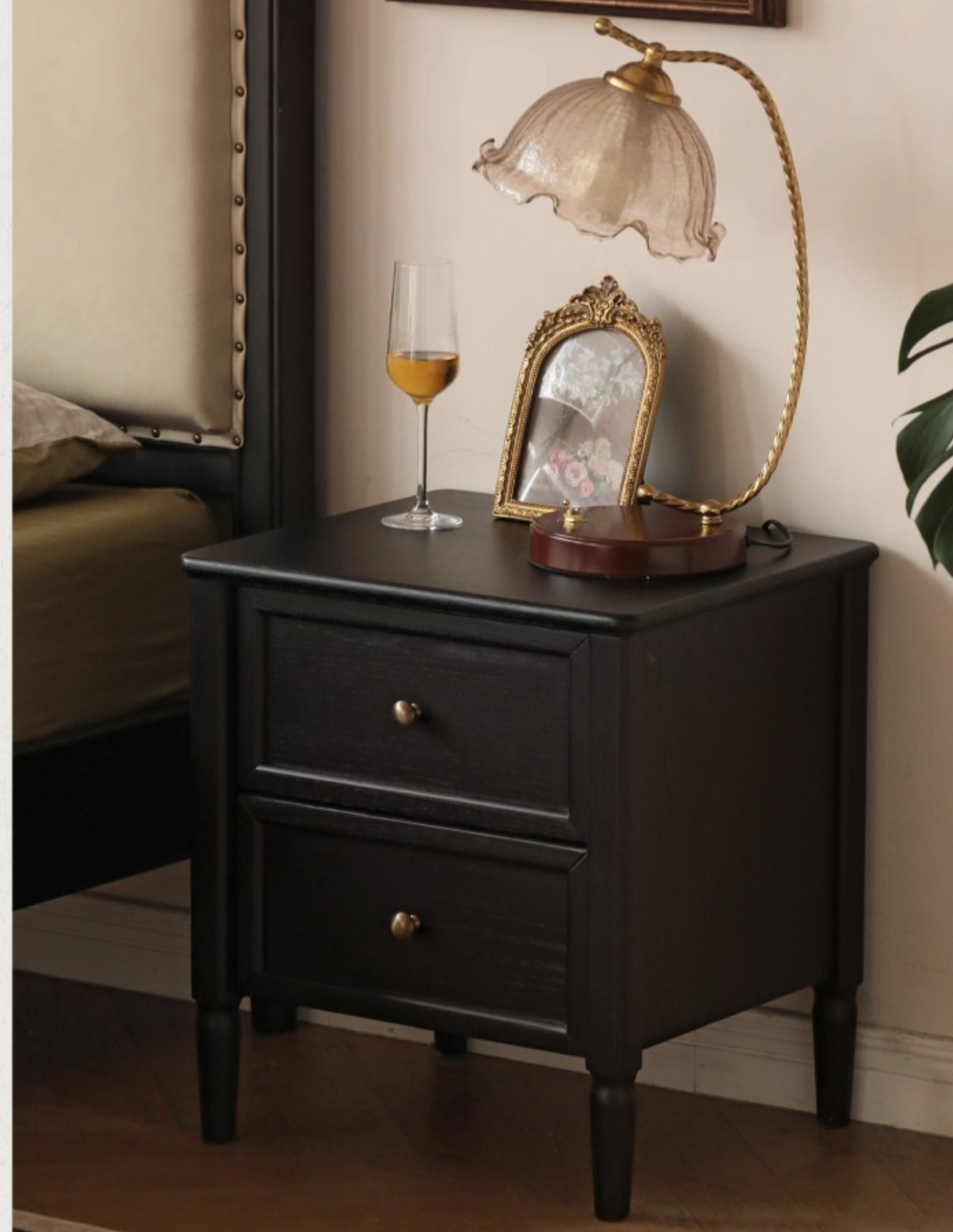 Oak Black Solid Wood Nightstand