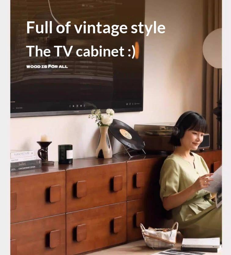 Poplar, Black Walnut, Ash, Cherry, Oak, Birch Solid Wood Retro Module Combination TV Cabinet.