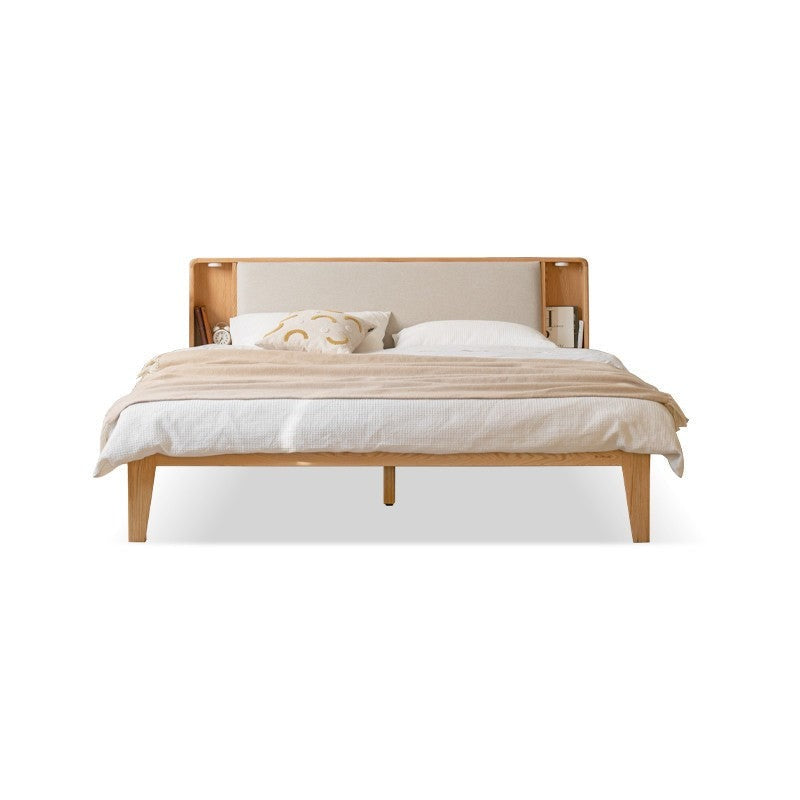 Oak Solid wood Leather, technical fabric back luminous bed with shelf_)