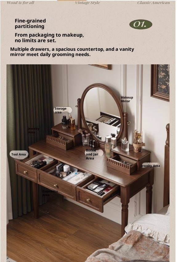 Black Walnut, Tulipwood Solid Wood Retro Style Dressing Table With Built-In Mirror