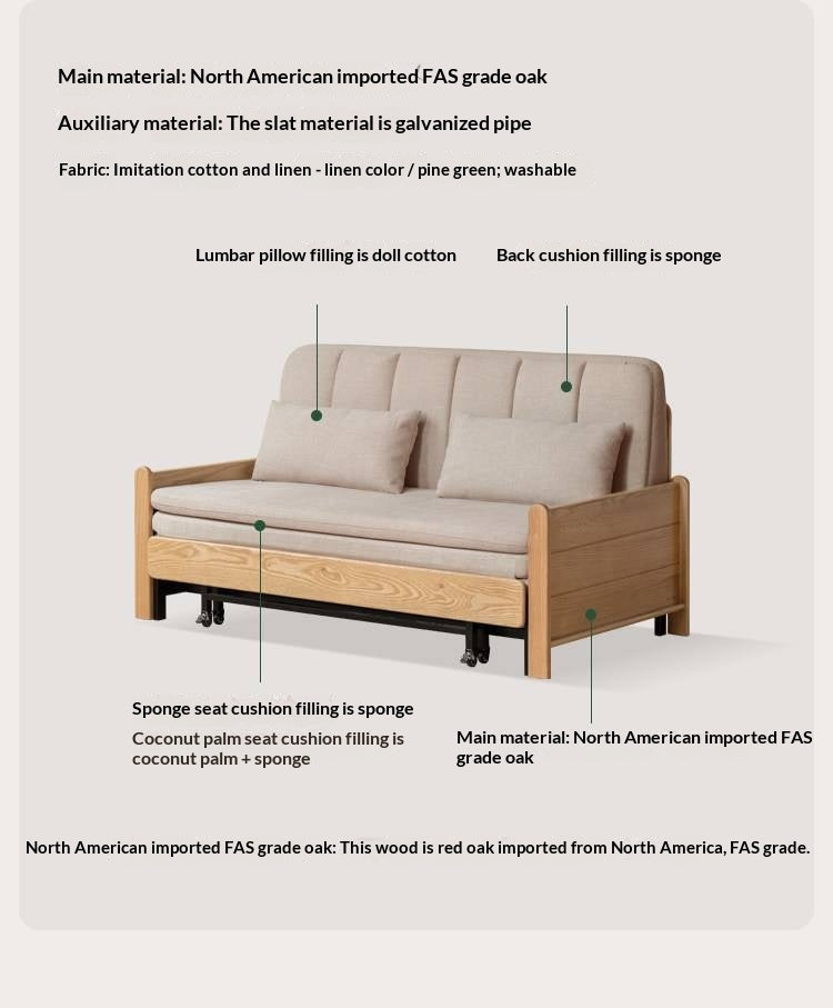 Ash, Oak Solid Wood Sleeper Sofa with Solid Wood Armrests and Built-In Wheels
