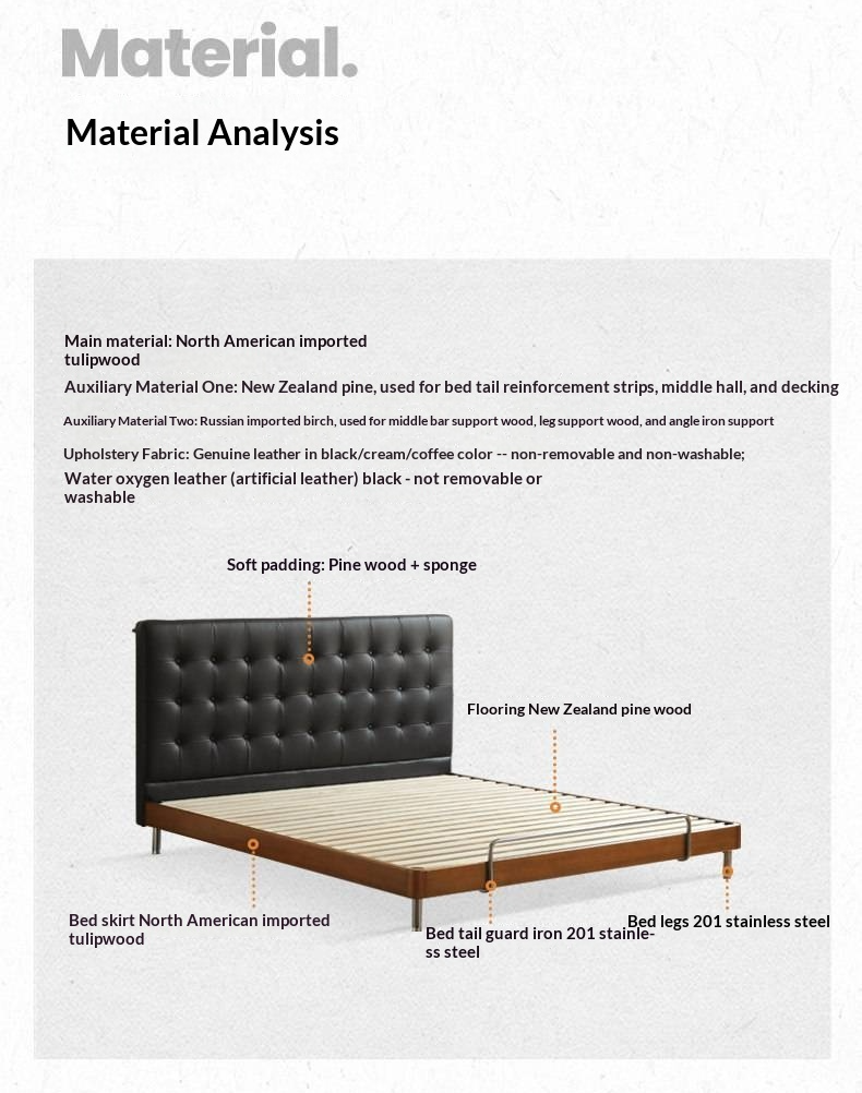 Tulipwood Solid Wood Bed — Bauhaus Style with Soft Genuine Leather Headboard