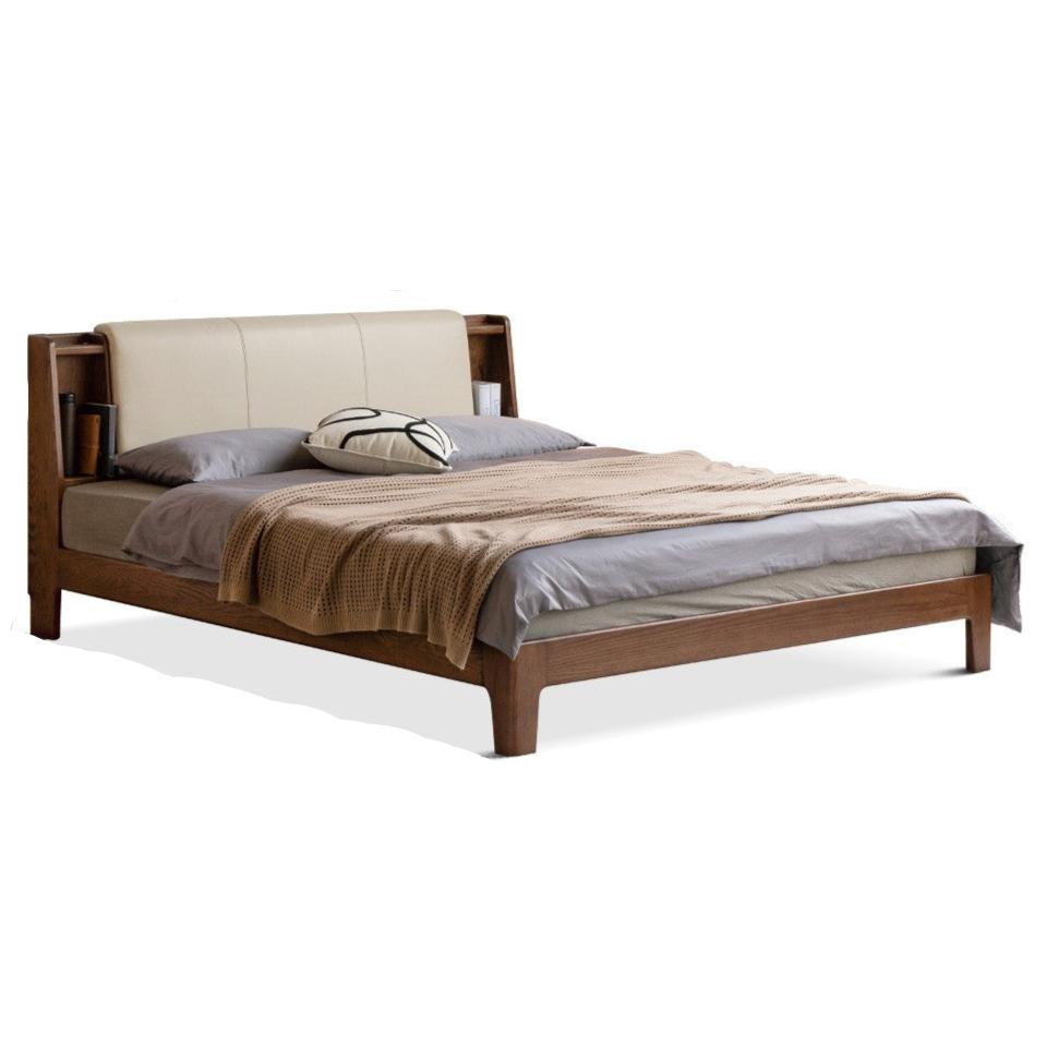 Oak solid wood Fabric leather soft bed with light