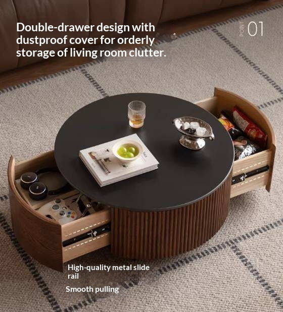 Oak Solid Wood Coffee Table with Layered Round Design and Rock Top