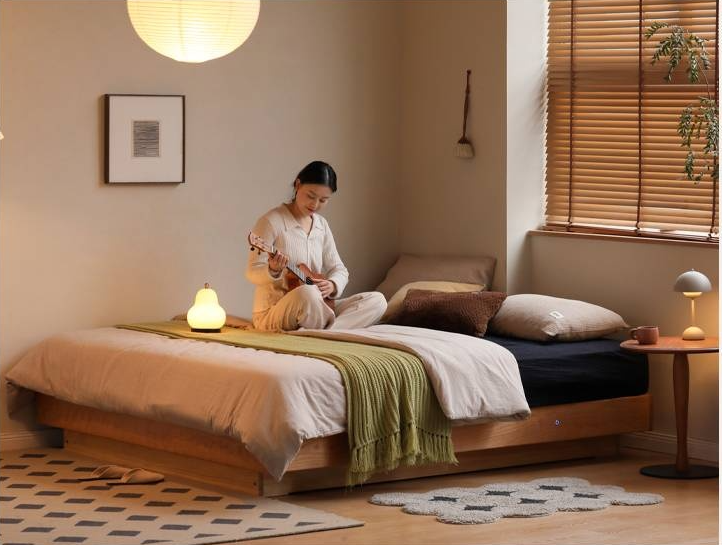 Cherry Solid Wood Floating Platform Box Bed, Headboard-Free Bed