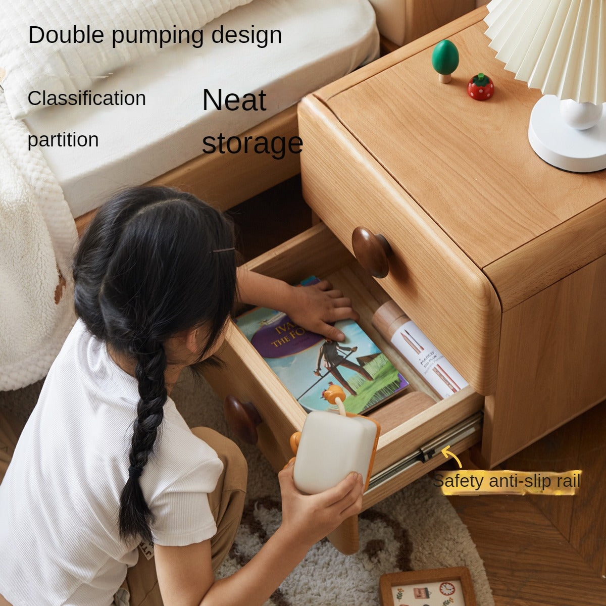 Beech Solid Wood Kids Two-Drawer Nightstand with Round Knob Pulls and Rounded Edges