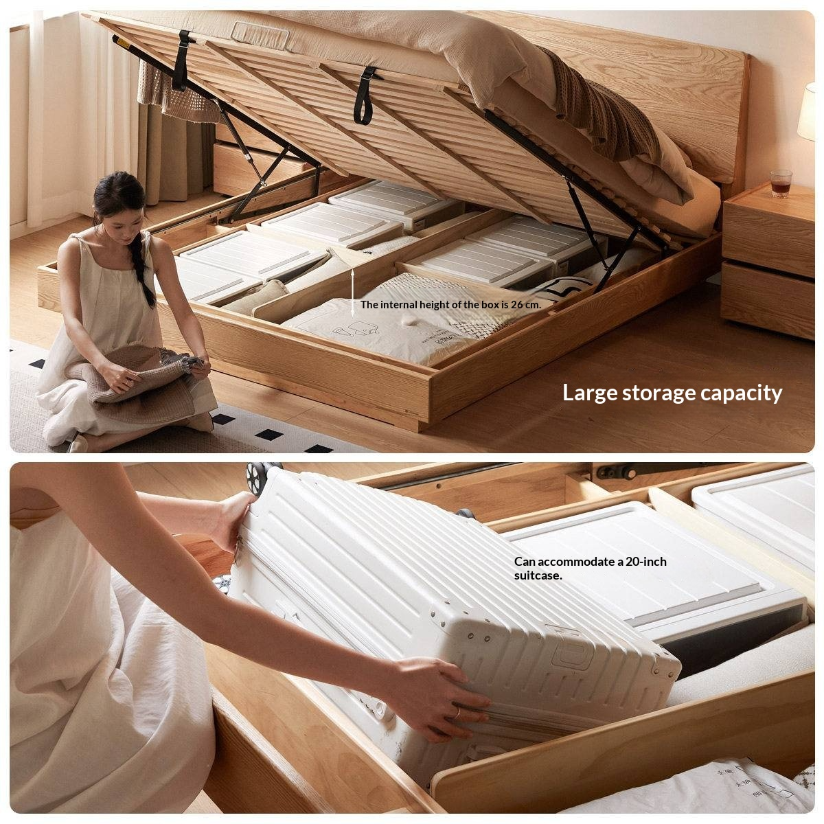 Oak Solid Wood Bed — Modern Minimalist Slab Box Design