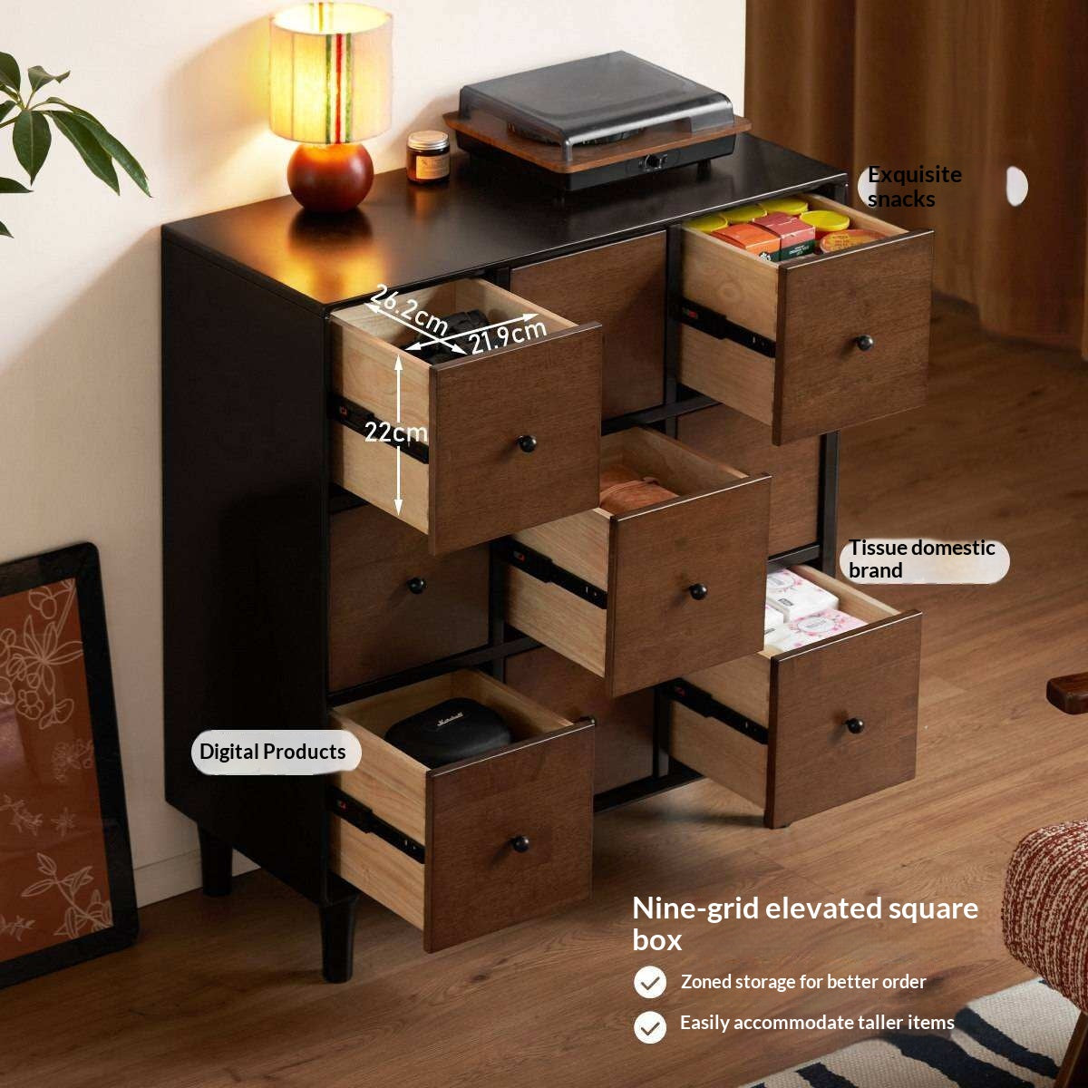 Rubberwood Solid  9-Drawer Dresser, Mid Century Bedroom Storage Cabinet