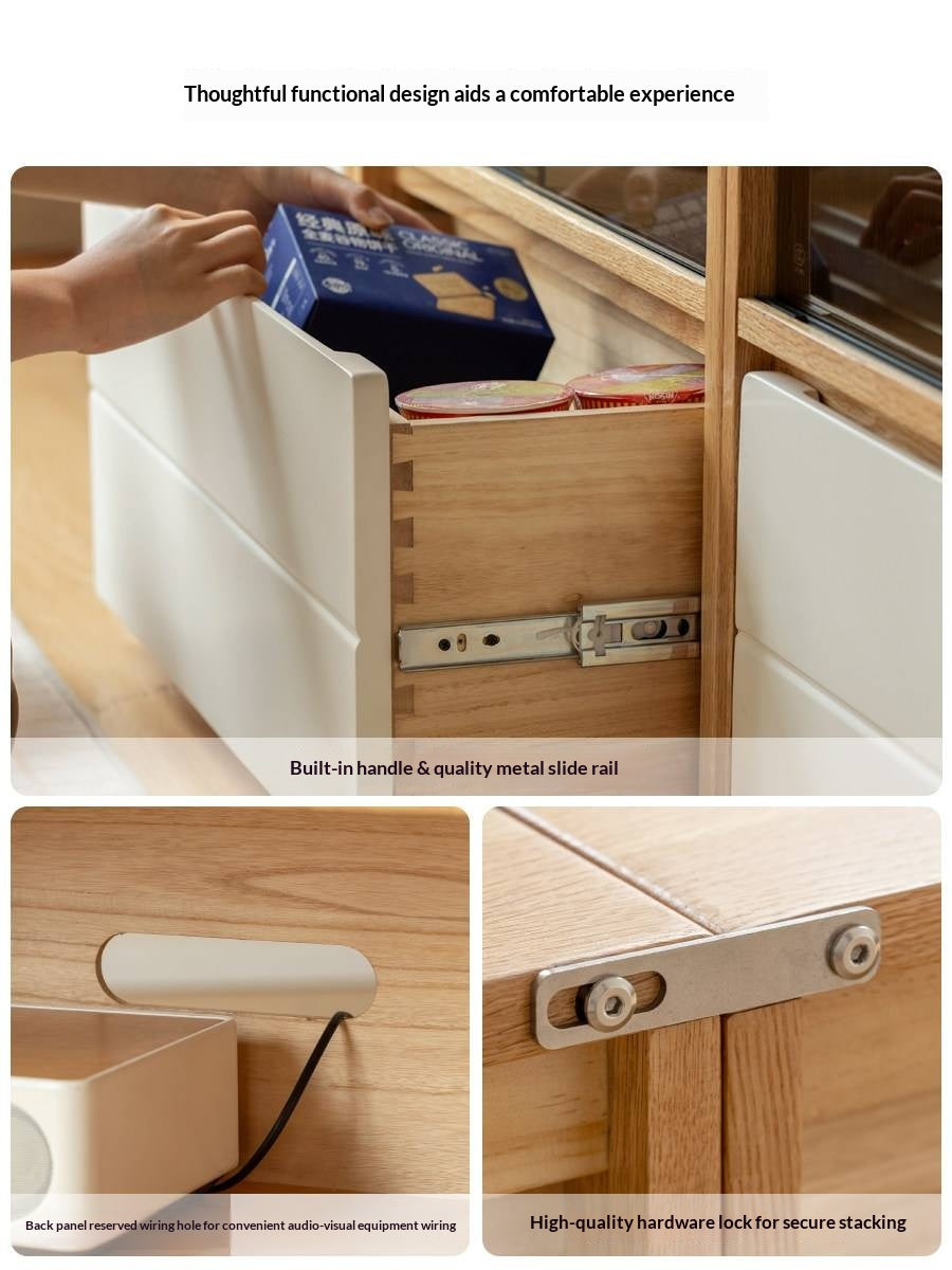 Oak Solid Wood Modular TV Cabinet System with Two-Tone Sliding Doors
