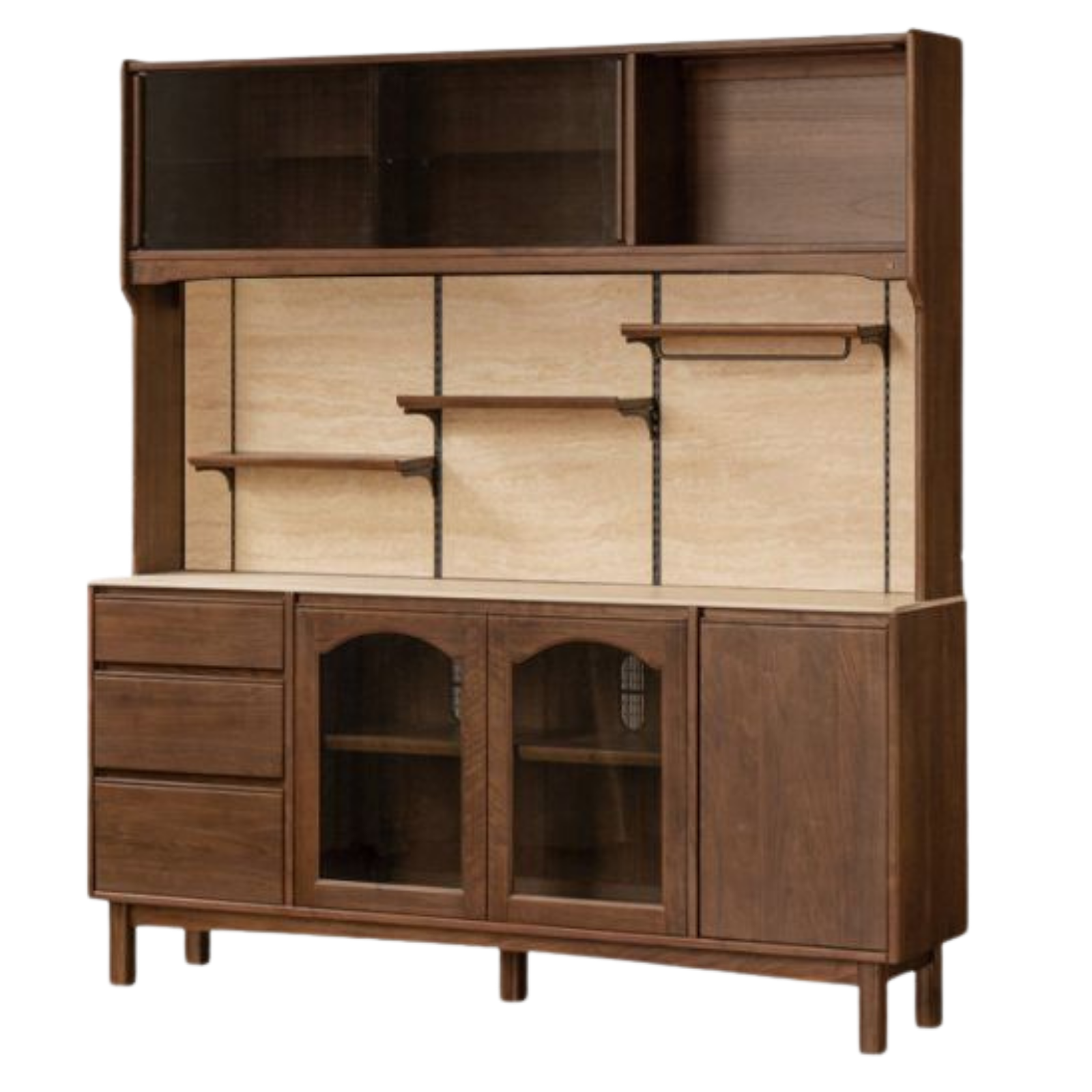 Black Walnut Solid Wood Buffet Cabinet with Retro Style and Rock Board Surface