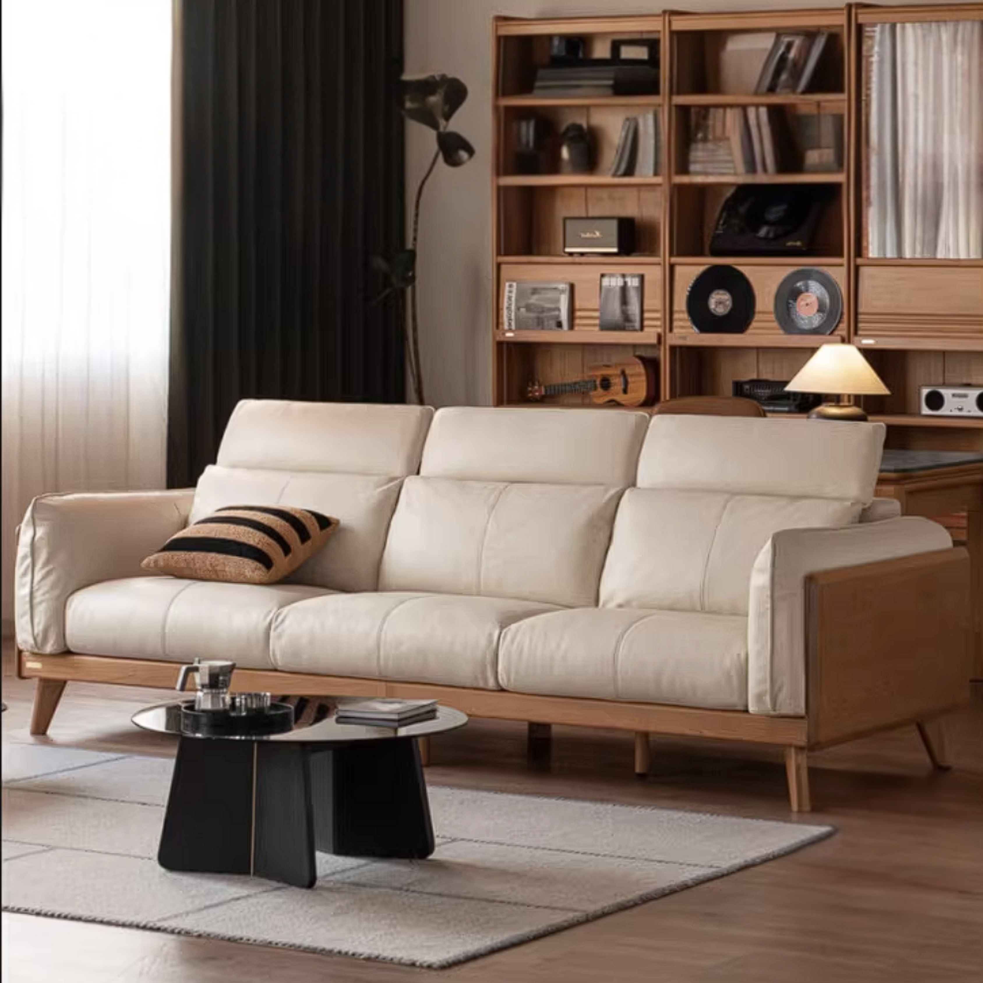 Cherry Wood Solid Wood Sofa Adjustable Headrest Genuine leather, fabric