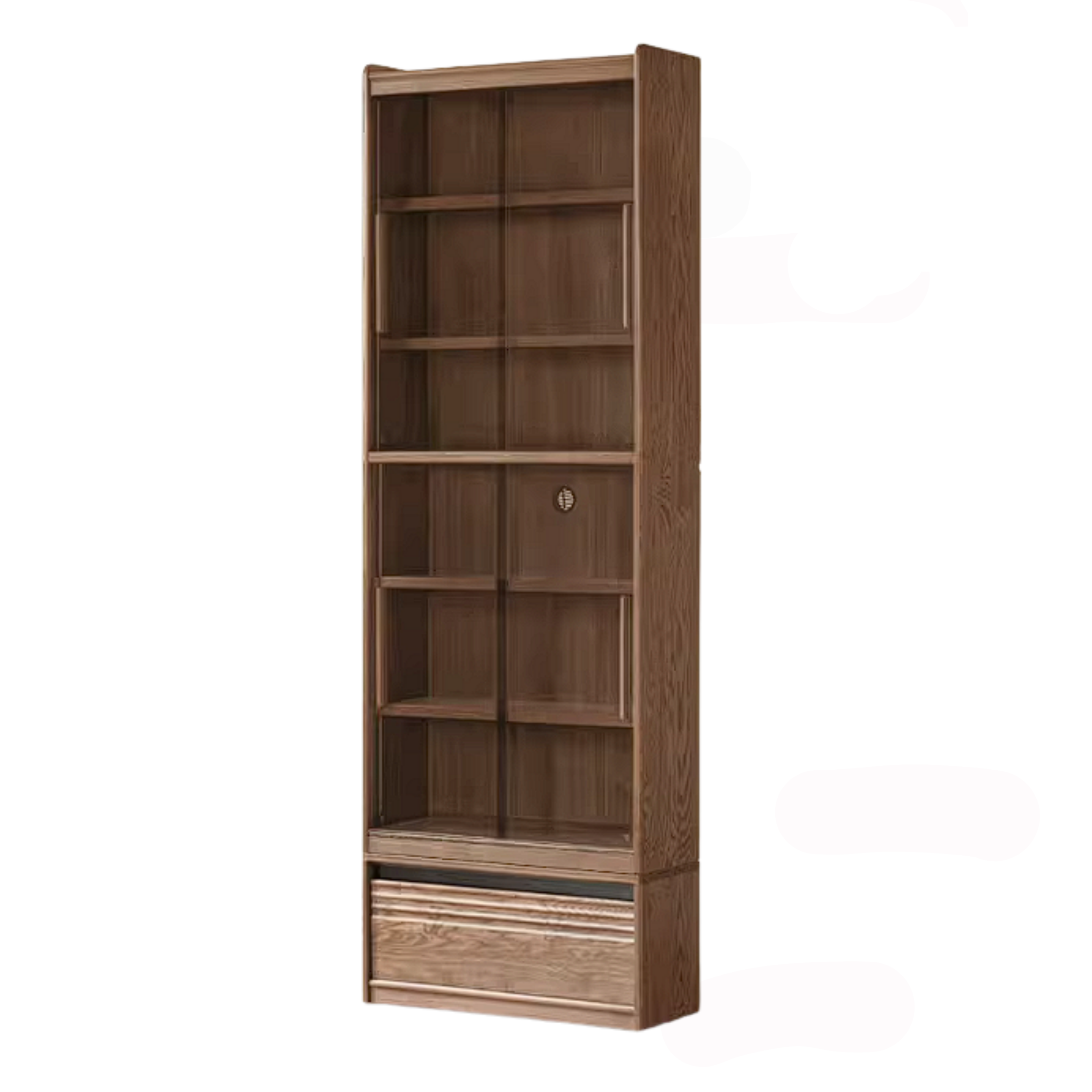 Ash Solid Wood Bookcase with Built In Bench Seat and Storage Drawer, Display Cabinet