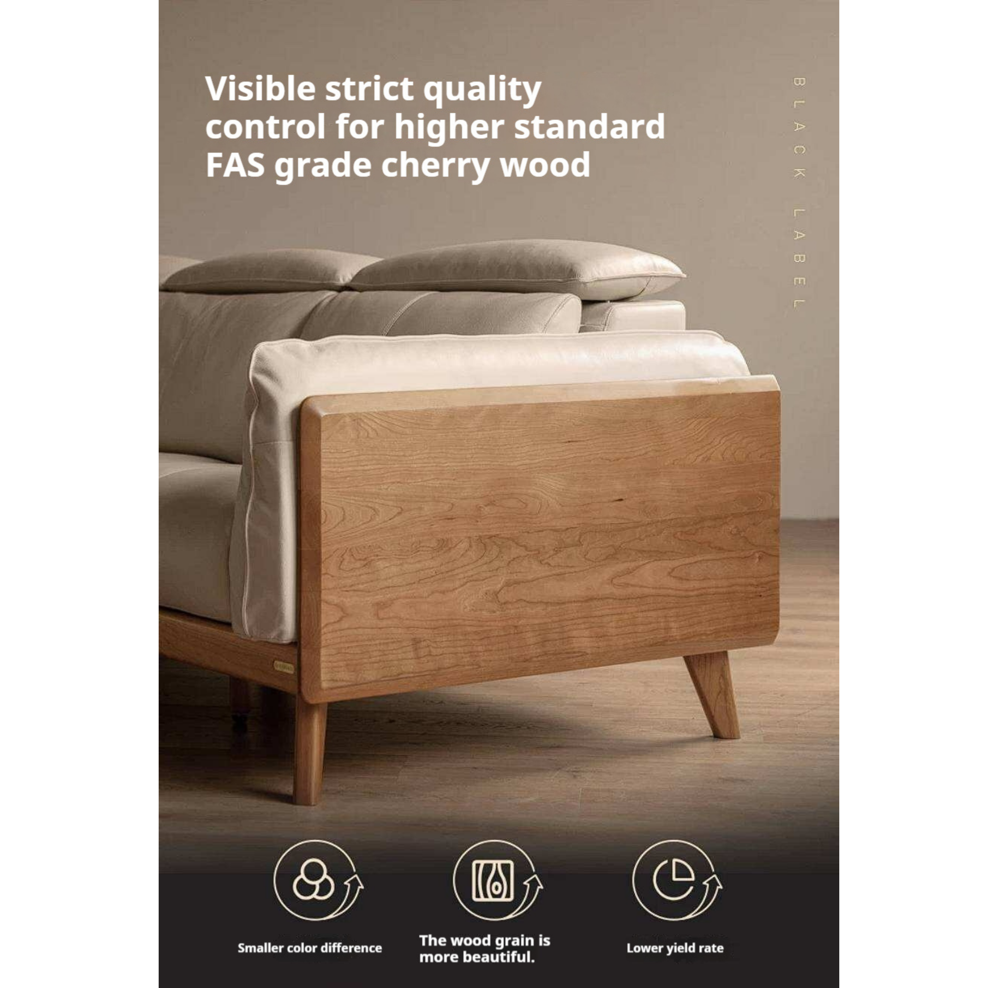 Cherry Wood Solid Wood Sofa Adjustable Headrest Genuine leather, fabric