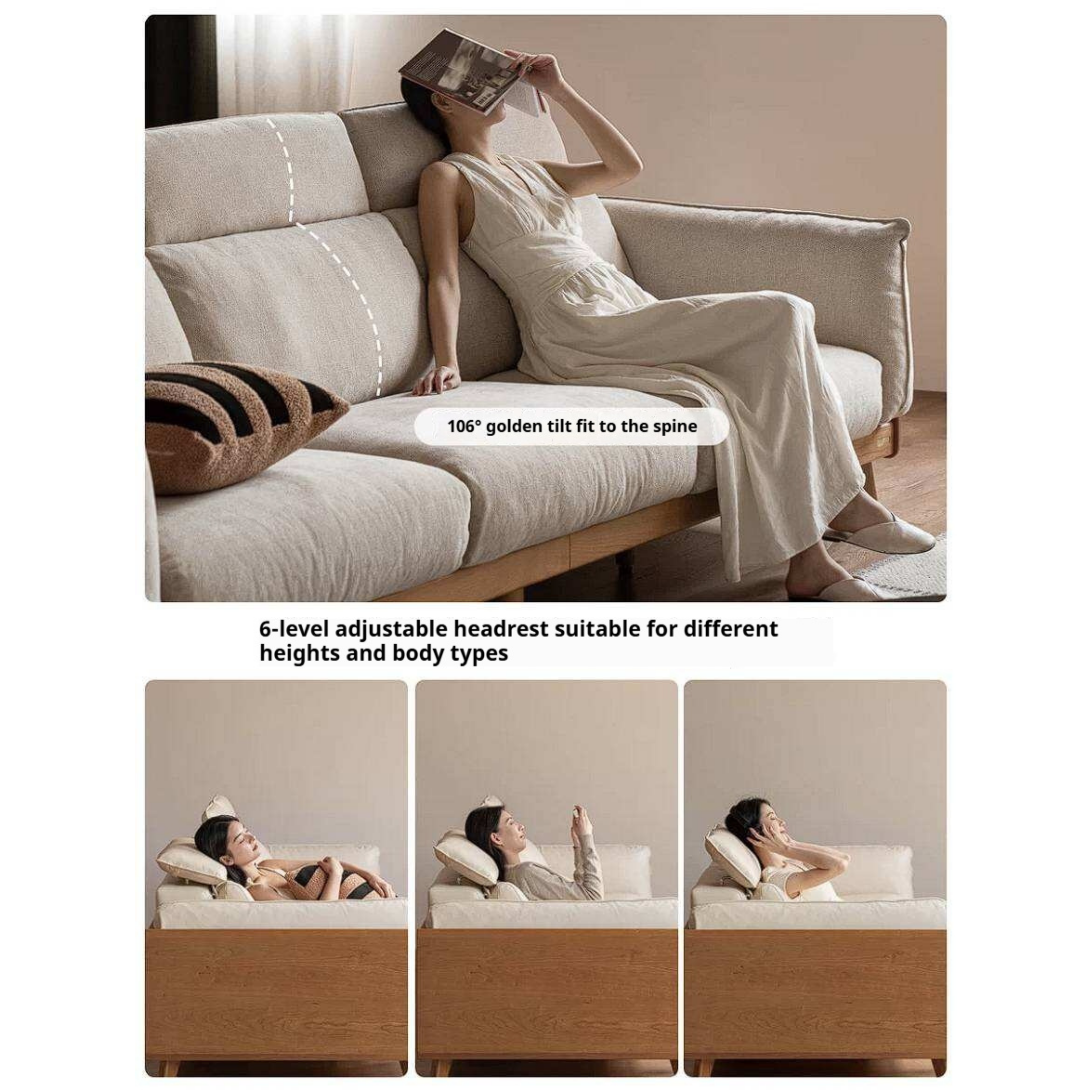 Cherry Wood Solid Wood Sofa Adjustable Headrest Genuine leather, fabric