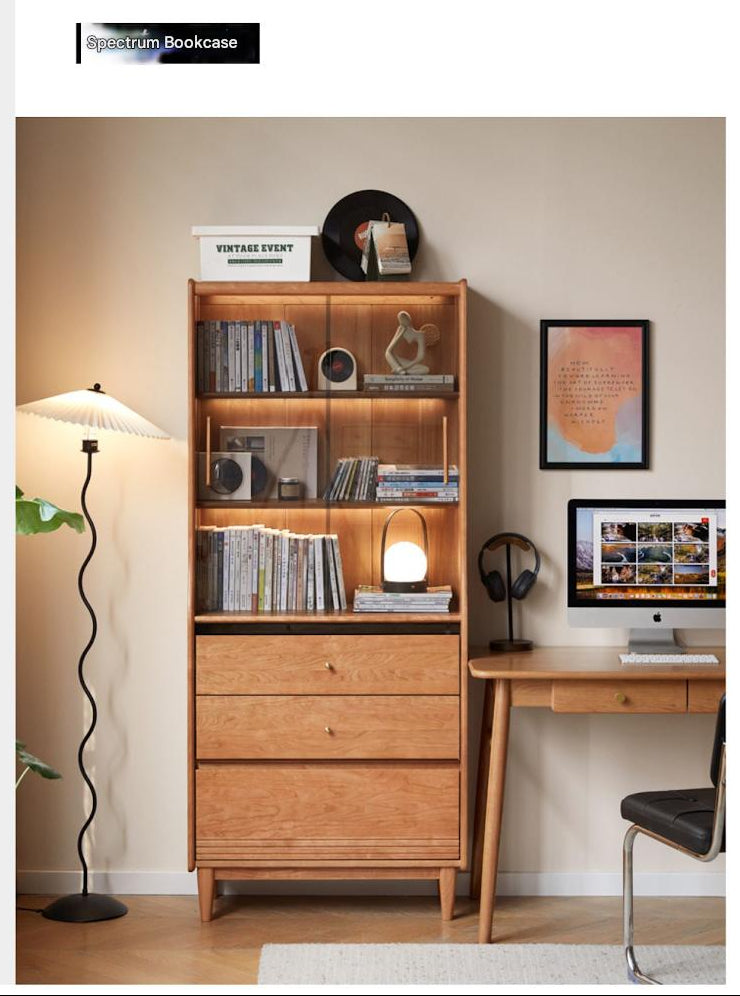 Cherry Solid Wood Glass Bookcase.