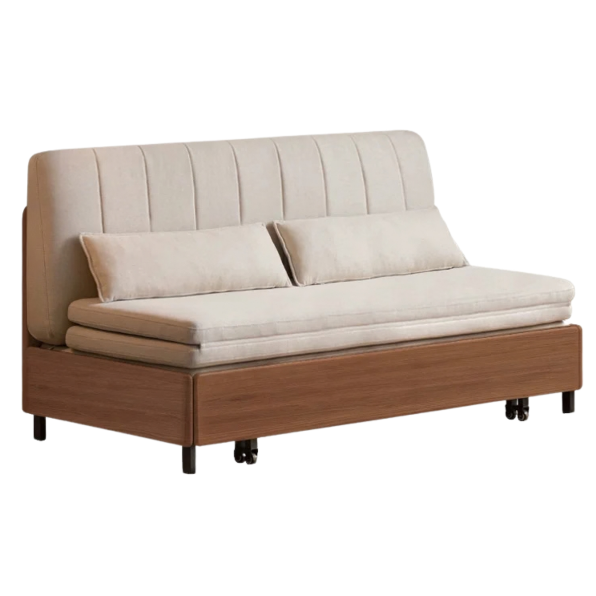 Beech, Birch Solid Wood Channeled Sofa Bed with Three-Fold Pull-Out Mechanism and Metal Legs
