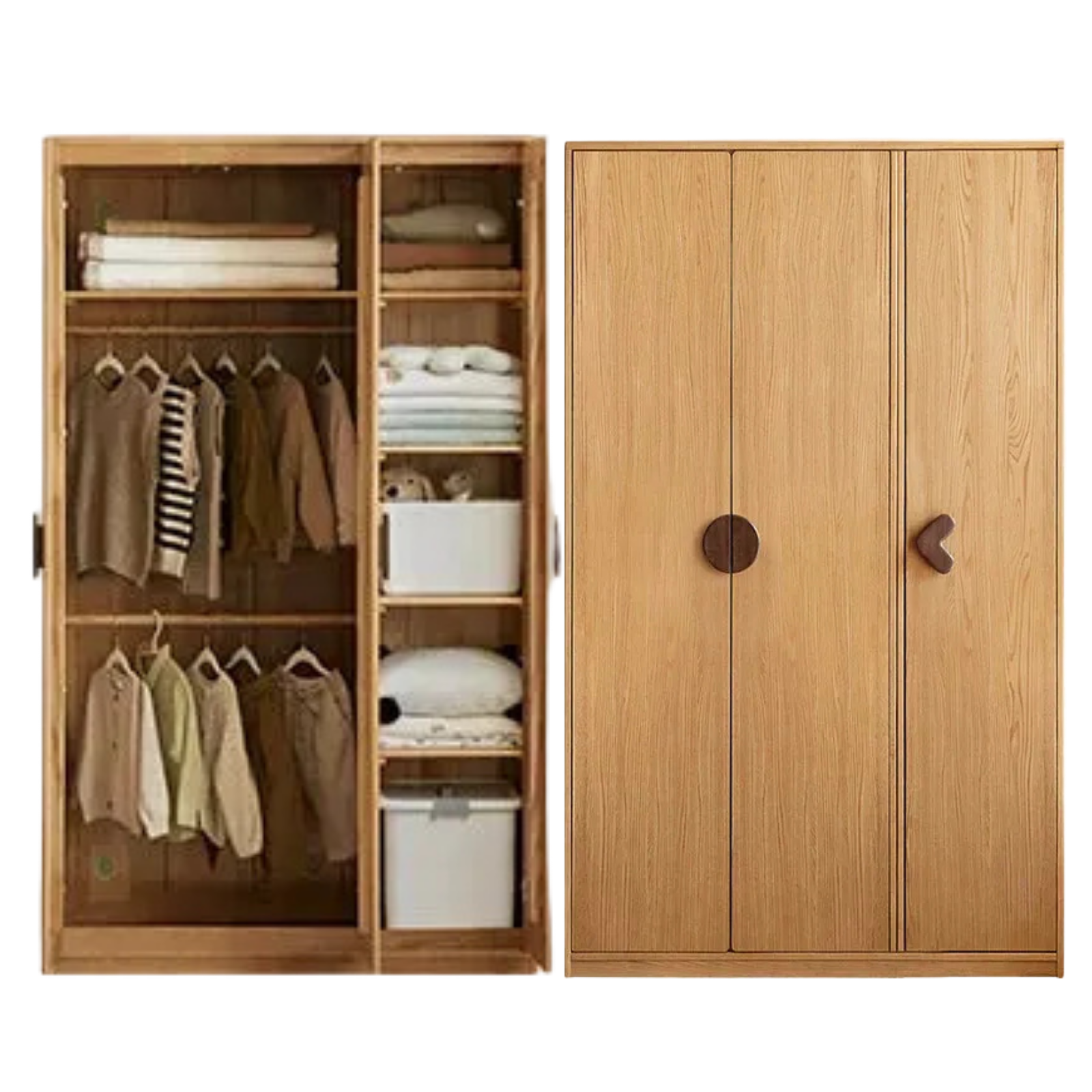Oak Solid Wood Kids Wardrobe Armoire with Open Shelf and Drawer Combo