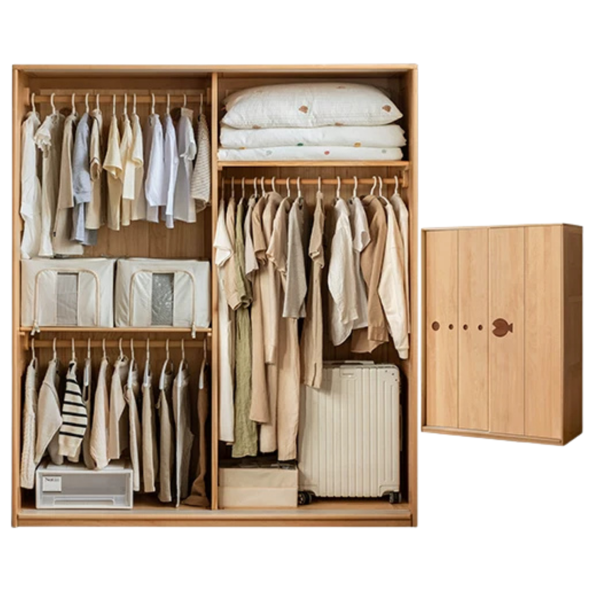 Beech Solid Wood Kids Sliding Door Wardrobe with Adjustable Shelves