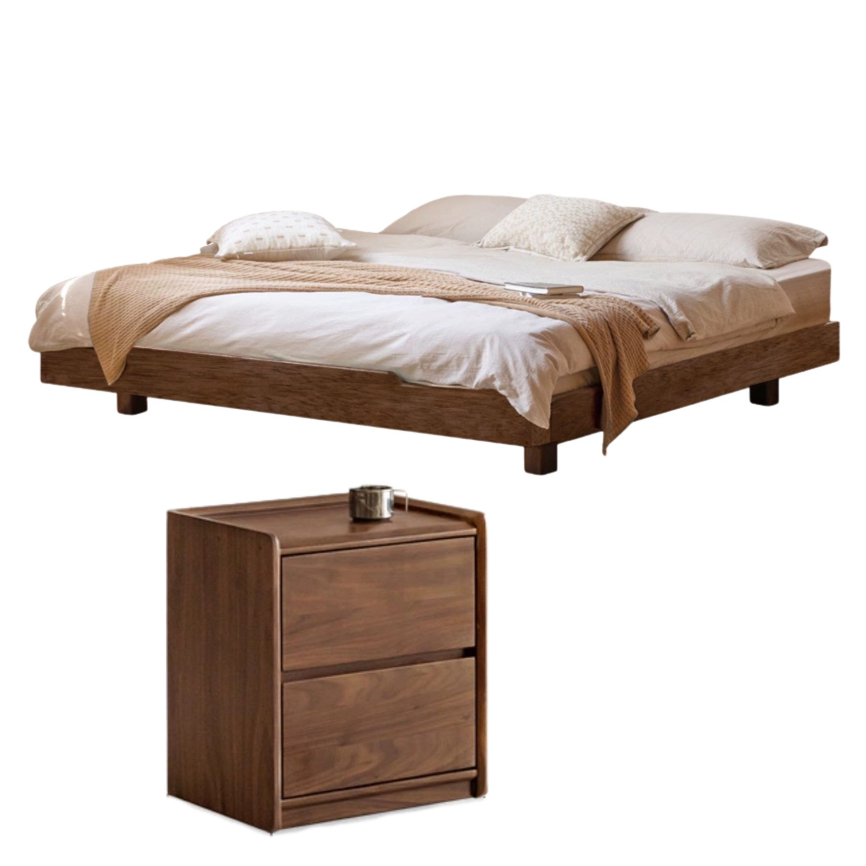 Black walnut solid wood platform bed, headboard-free suspended bed