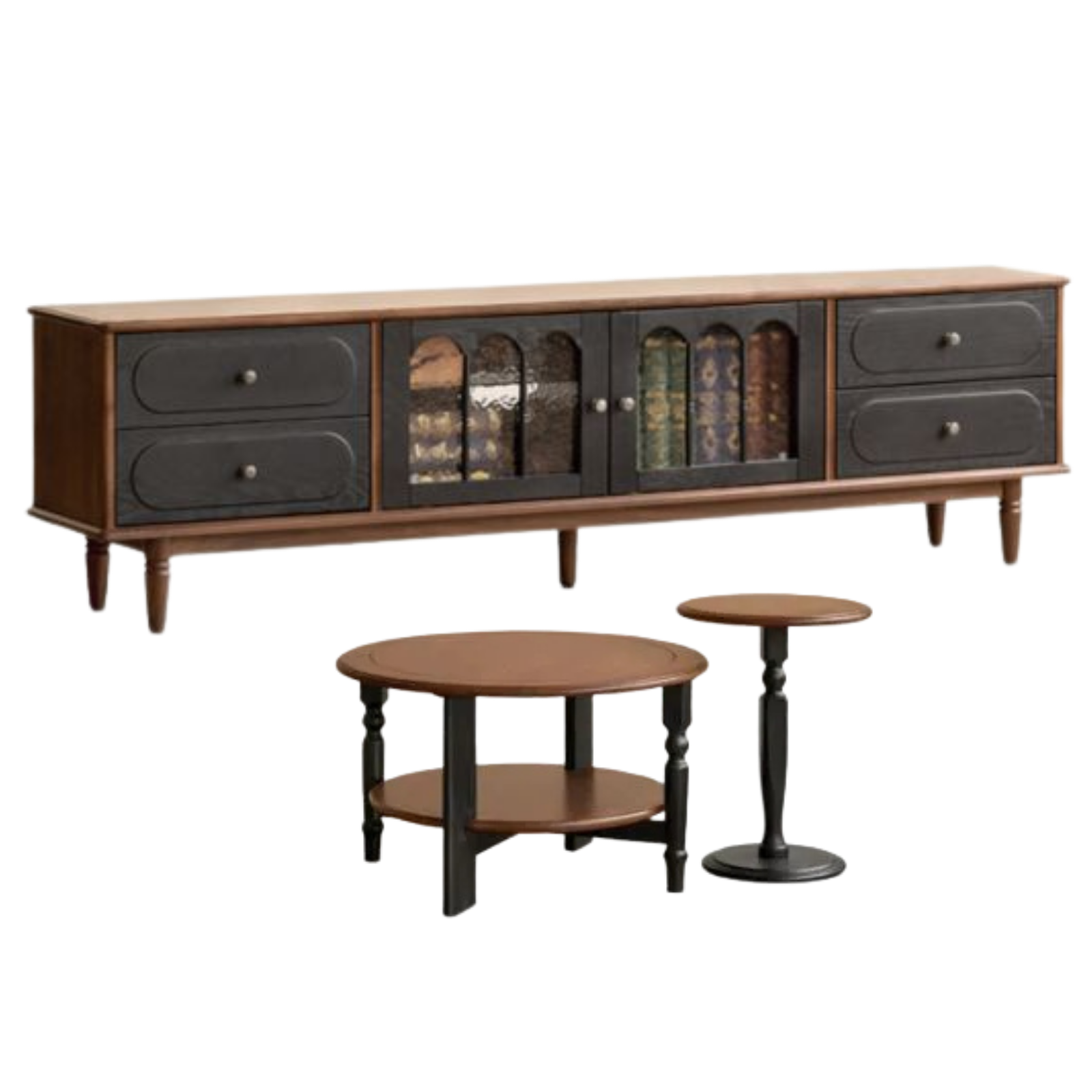 Black Walnut +ash Solid Wood  French Country TV Console with Arched Glass Doors