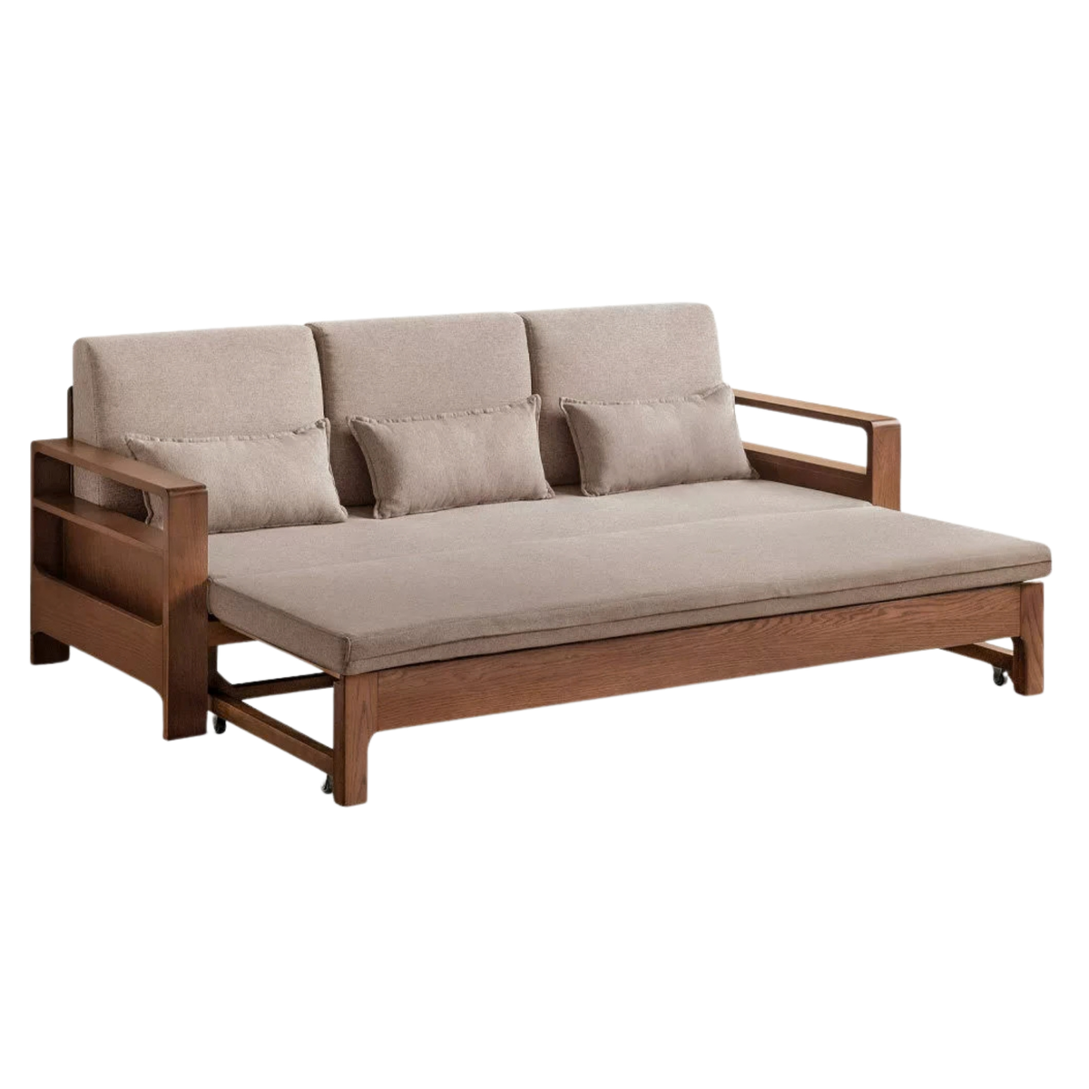 Oak, Beech Sofa Bed with Wood Frame and Side Storage Pocket