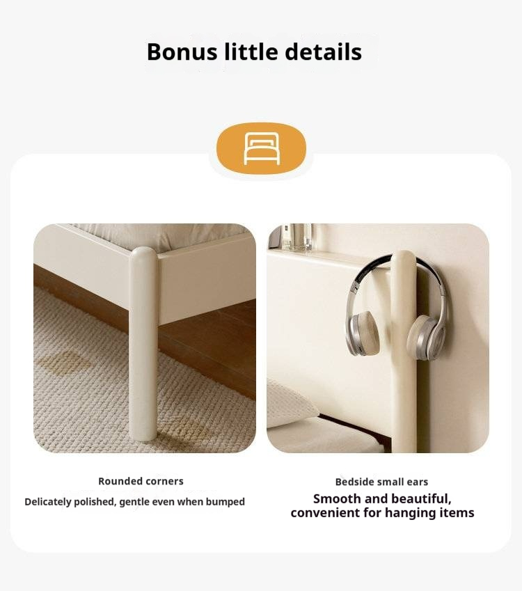 Pine Solid Wood Bed — Nordic Minimalist Cream Style Large Bed