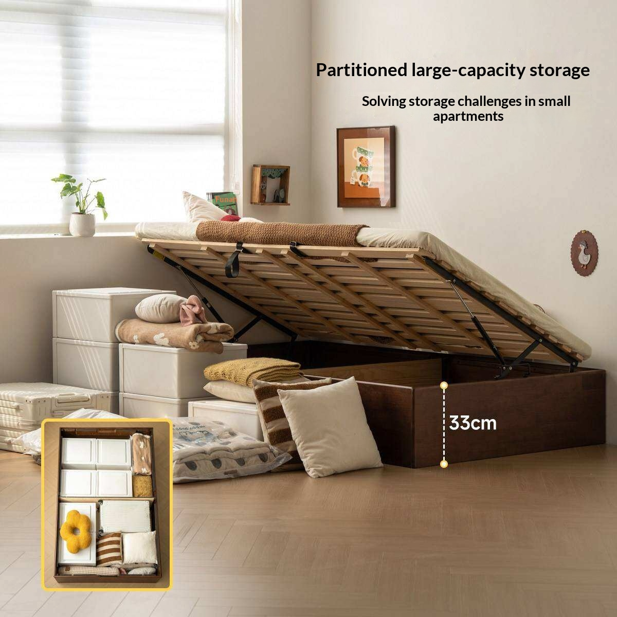 Rubberwood Solid Wood Storage Bed with No Headboard and Side-Opening Lid