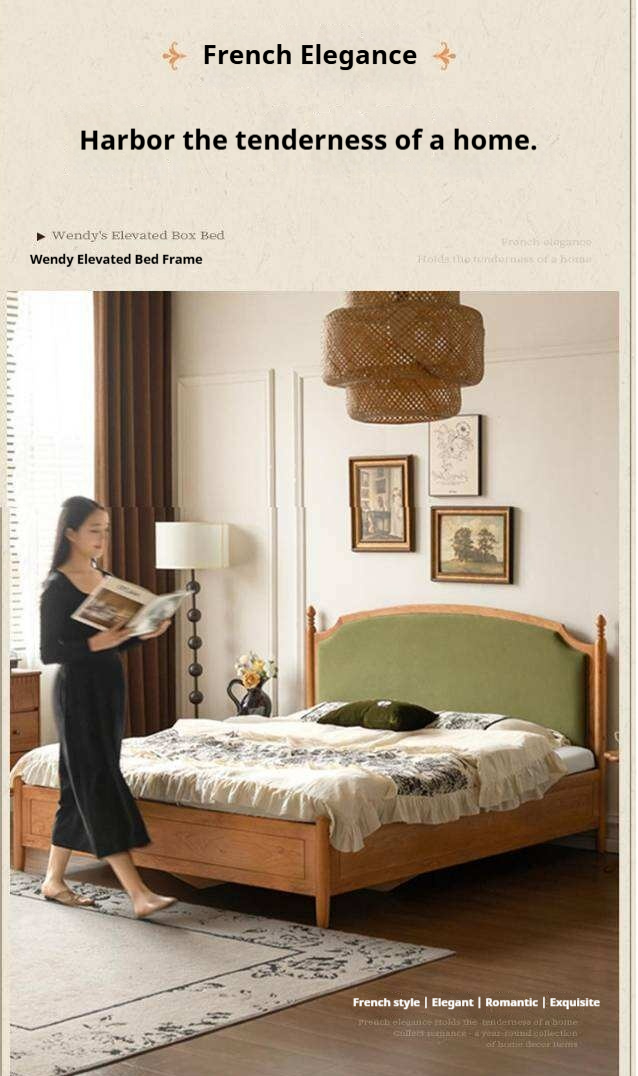 Cherry Solid Wood Box Bed with French Country Arched Upholstered Headboard and Spindle Posts